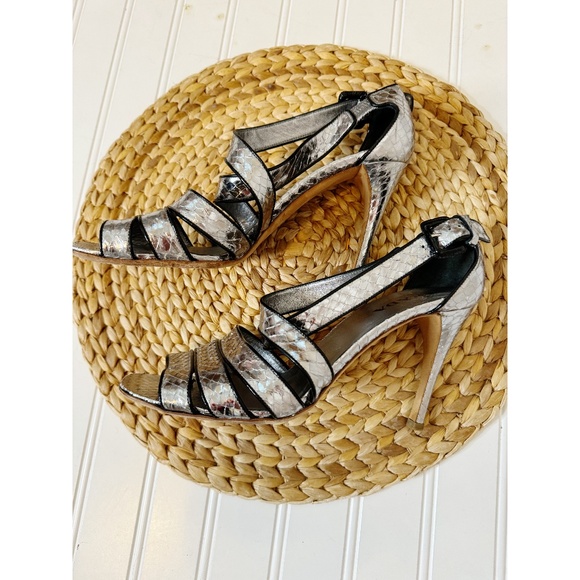 PRADA metallic silver snakeskin strappy sandal heels 8.5 - Picture 1 of 7